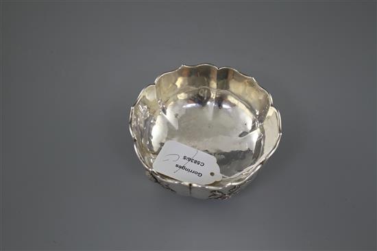 A late 19th/early 20th century Chinese Export white metal bowl, by Zee Wo, decorated with various fruit and flowers, 11.4cm, 5.5oz.